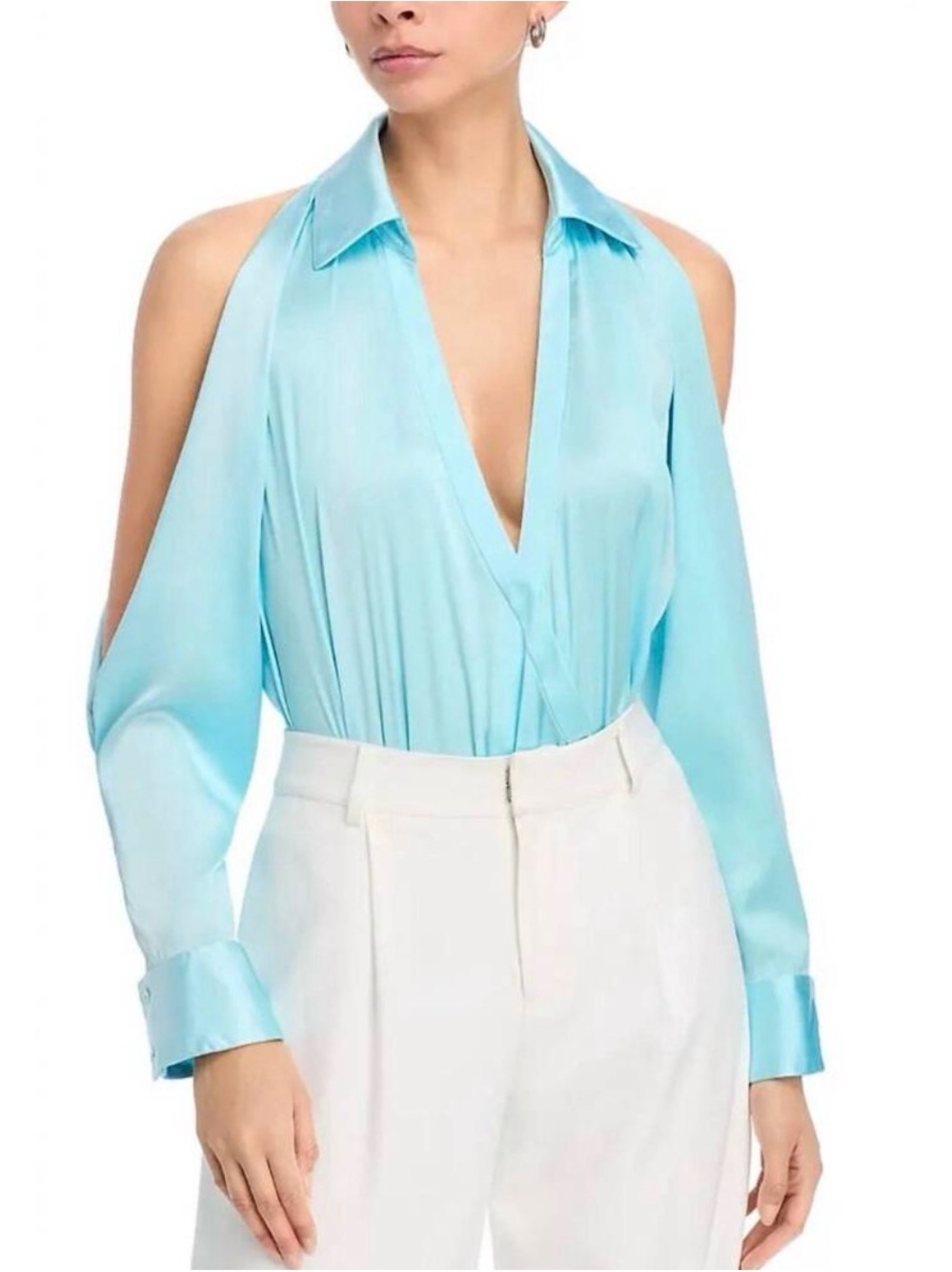 Generation Love Dee Light Blue Cold-Shoulder V-Neck Satin Bodysuit